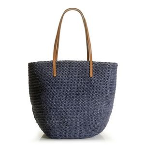 J Crew Straw Leather-Trim Beach Tote Bag